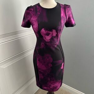 CALVIN KLEIN Purple Floral Puff Sleeve Sheath Dress
